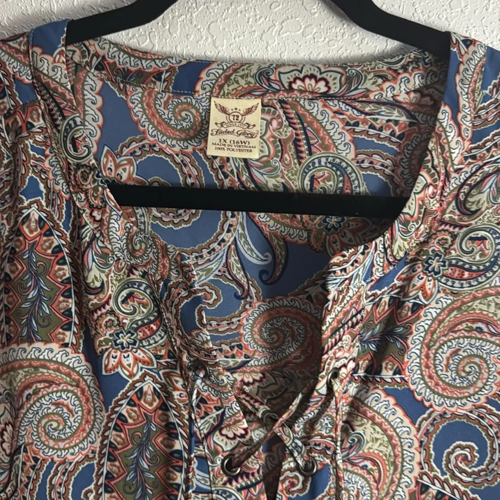 ❗️SOLD❗️Blue and Tan Ruffled 3/4 Sleeve Blouse with Mandarin Collar - Picture 2 of 5
